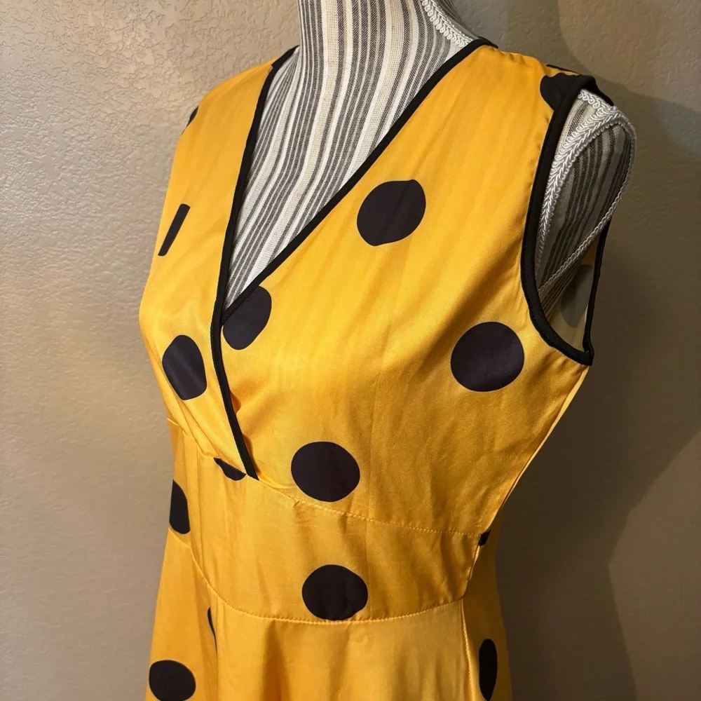 Yellow Polka Dot Dress Large Midi Sleeveless Faux Wrap Black Dots Cotton Poly - Picture 9 of 16
